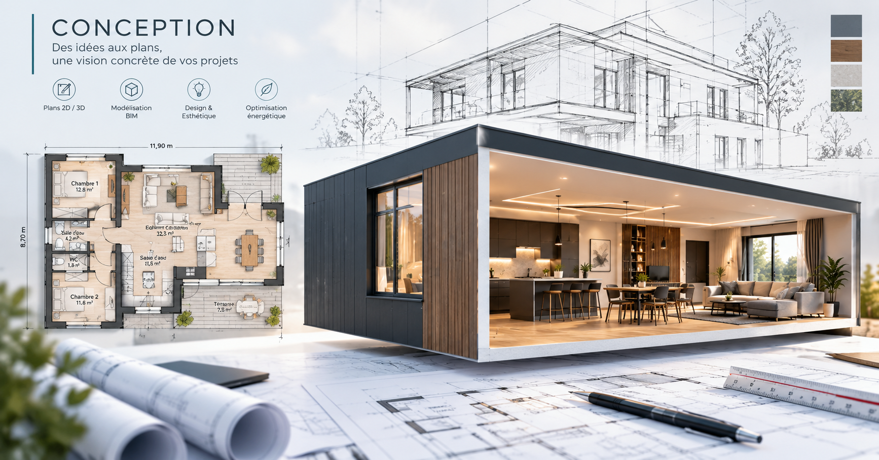 Conception architecturale : plans 2D/3D, modélisation BIM et design